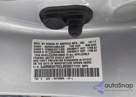 2012 Honda Cr-V Ex-L from USA, damaged, VIN 5J6RM3H7XCL003001